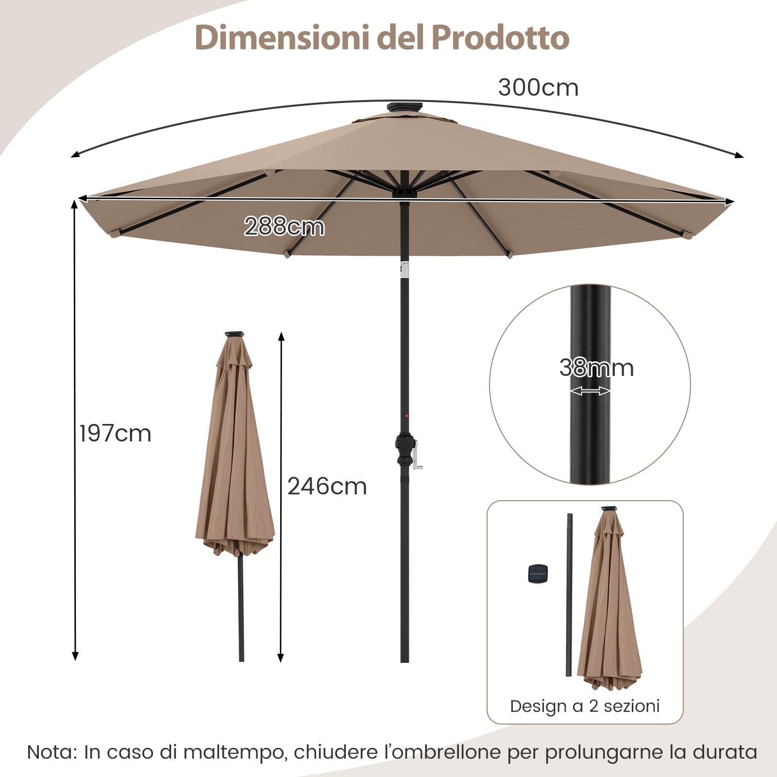 COSTWAY Ombrellone da Esterno 288 cm, con 96 Luci LED, Ombrellone Giardino con Inclinazione Regolabile, Manovella, 8 Stecche e Top Ventilato, Parasole da Mercato per Giardino Spiaggia (Marrone)