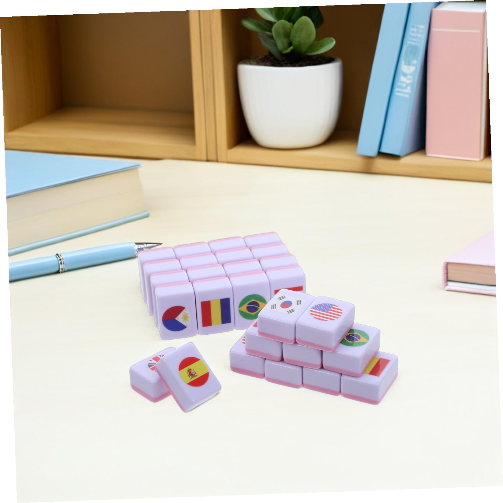 Kisangel Set Mahjong 64 Pezzi Motivo Bandiera in Melamina, Gioco da Tavolo Educativo e Compatto per Famiglie e Coppie, per Riunioni e Divertimento