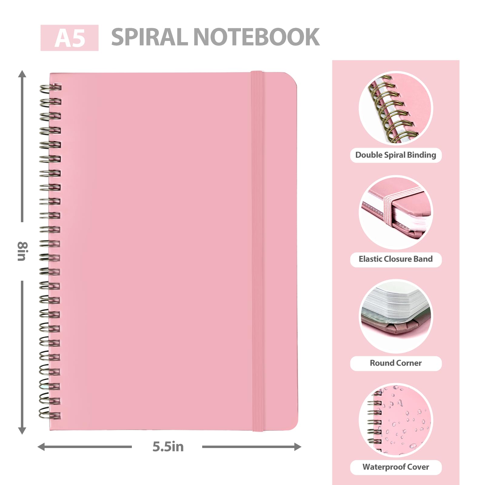 VALOME Quaderno a spirale, formato A5, a righe, per donne e uomini, 146 pagine, a righe, copertina rigida, per lavoro, prendere appunti, diario, scuola, scrittura (rosa)