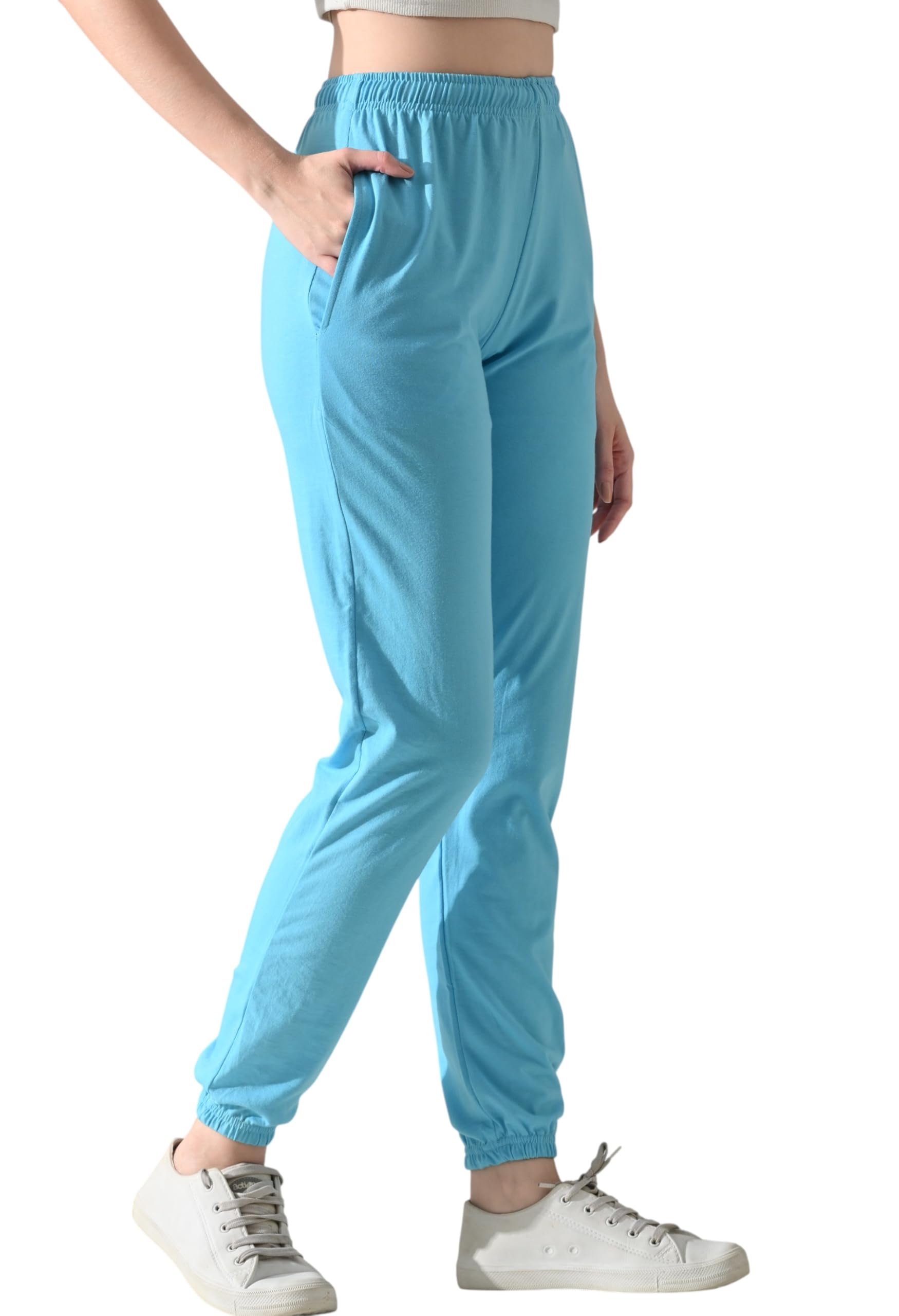 Global Desi Women's Solid Cotton Jogger Pants | Elastic Waist Track Pants with Pockets | Casual Ankle Length Trousers in neutral