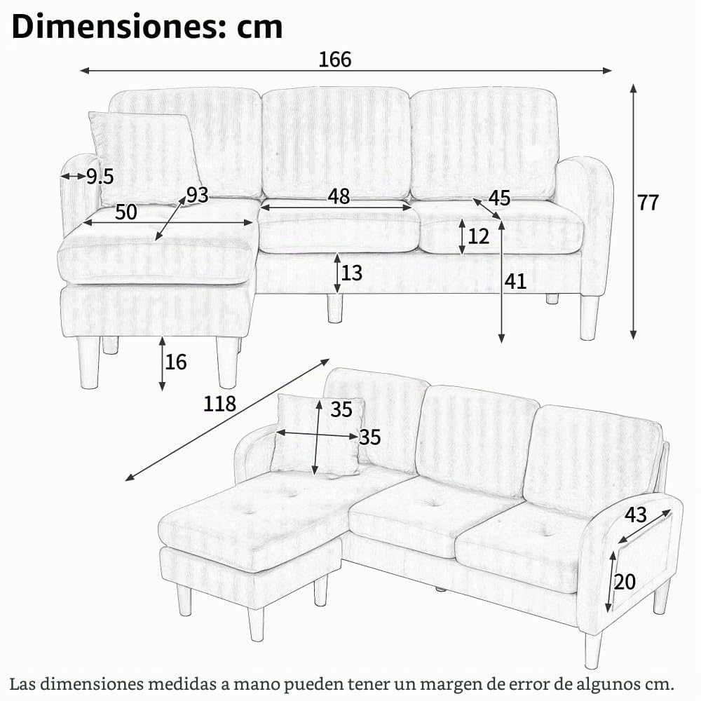 Sofá esquinero en forma de L con chaise longue, sofá de 3 plazas, 166 x 118 x 77 cm, tela transpirable de algodón y lino, patas de plástico, diseño modular, ideal para salas de estar (Beige