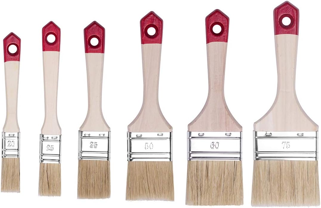 HARDY WORKING TOOLSFlat Brush Set, 6 Pieces, 1 Piece - 20, 25, 35, 50, 60, 75 mm Width, Paint Brush Set with Wooden Handle, Paint Brush Series *40*, 6 Pieces, Brush Set A0284-060100 Red