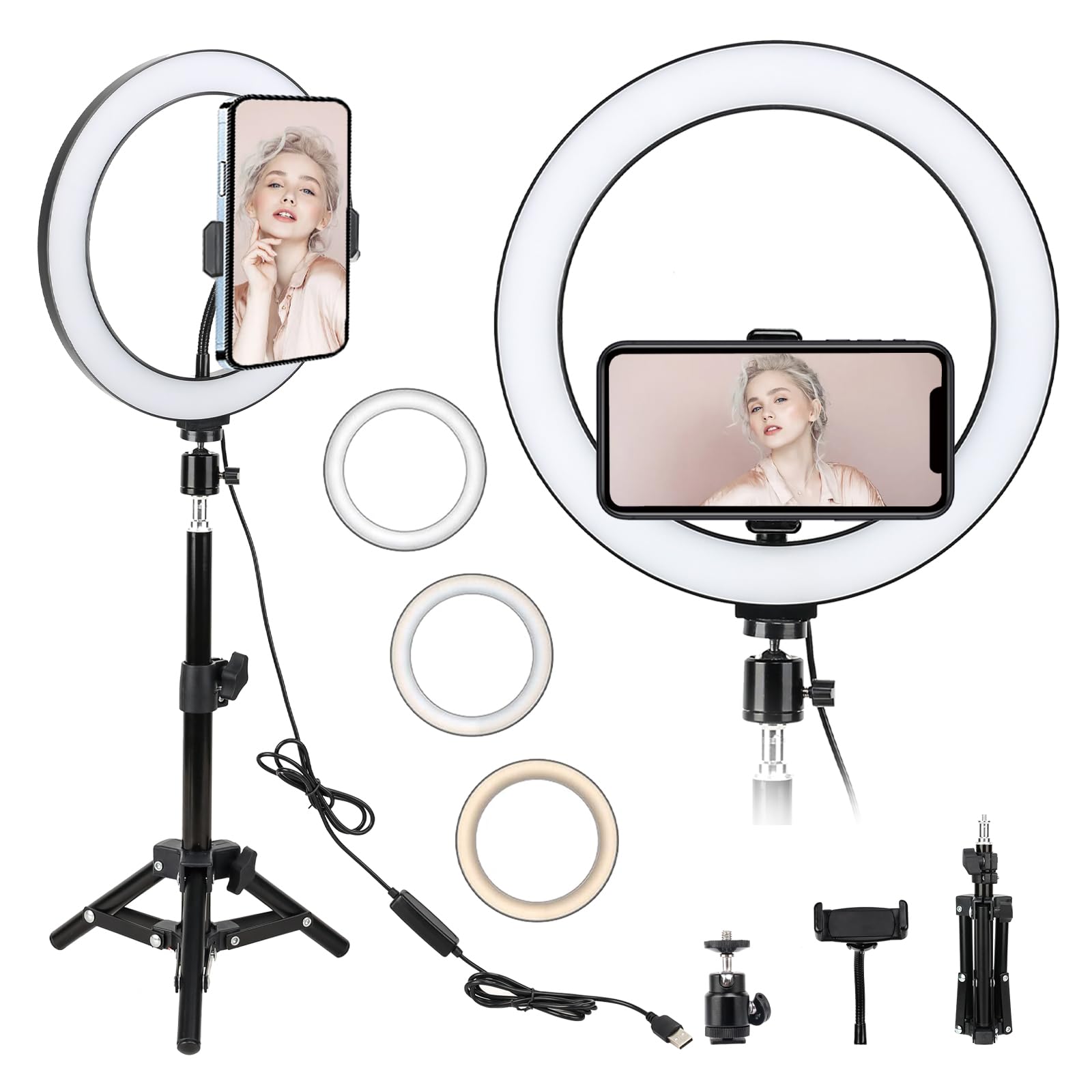 10" led selfie ring light with extendable tripod stand & phone holder for live stream/youtube video, bonfoto dimmable desktop makeup camera ringlight for photography,compatible with iphone/android