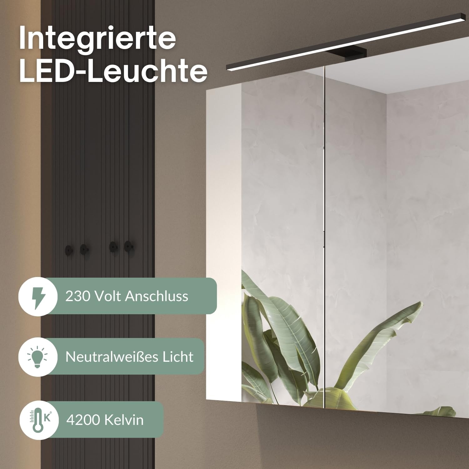 Planetmöbel ARIA Spiegelschrank Bad mit Beleuchtung 80 cm breit | Badschrank hängend mit Spiegel | Weiß Grau, mit Leuchte und Steckdose, Spiegelschrank Gäste WC 80 x 70 x 16 cm