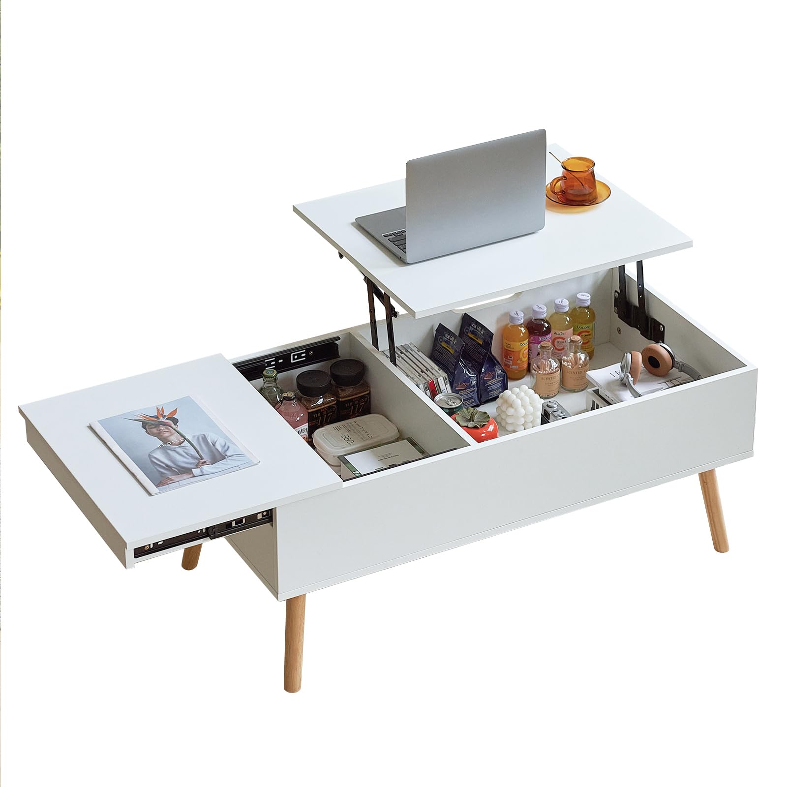 JanflyHome Couchtisch Höhenverstellbar mit Schiebeplatte, Couchtisch mit Stauraum, Modern Wohnzimmertisch, Kaffeetisch mit 2 Großen Separaten Versteckten Ablagefächern, Weiß - 100 x 50 x 43.5 cm