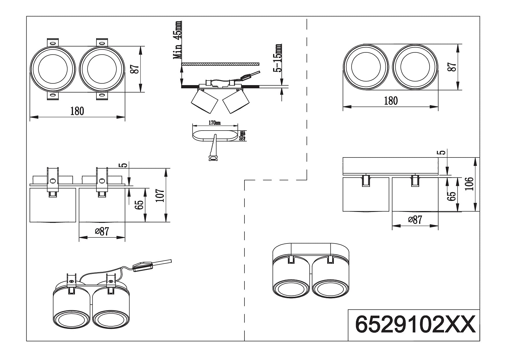 Trio Leuchten Lampa sufitowa LED do zabudowy i zabudowy Taurus 652910232, metal czarny matowy, w zestawie 2 x 3,5 W + 2 x 1,5 W LED