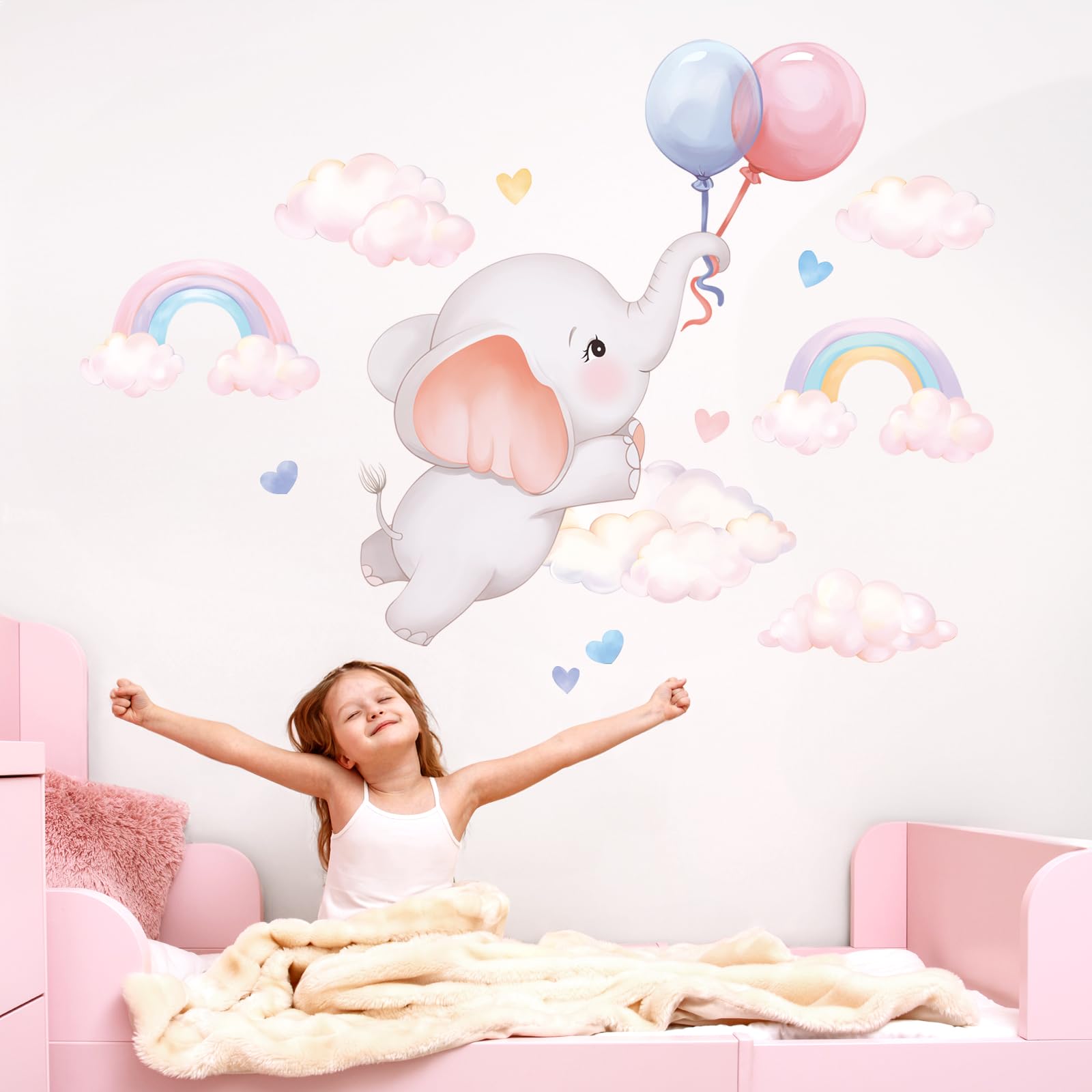 FUFUQUARE Cartoon Pink Elephant Wall Stickers Balloon Rainbows Wall Art Decals Peel and Stick for Kids Girls Nursery Bedroom Playroom Living Room Classroom - Image 3