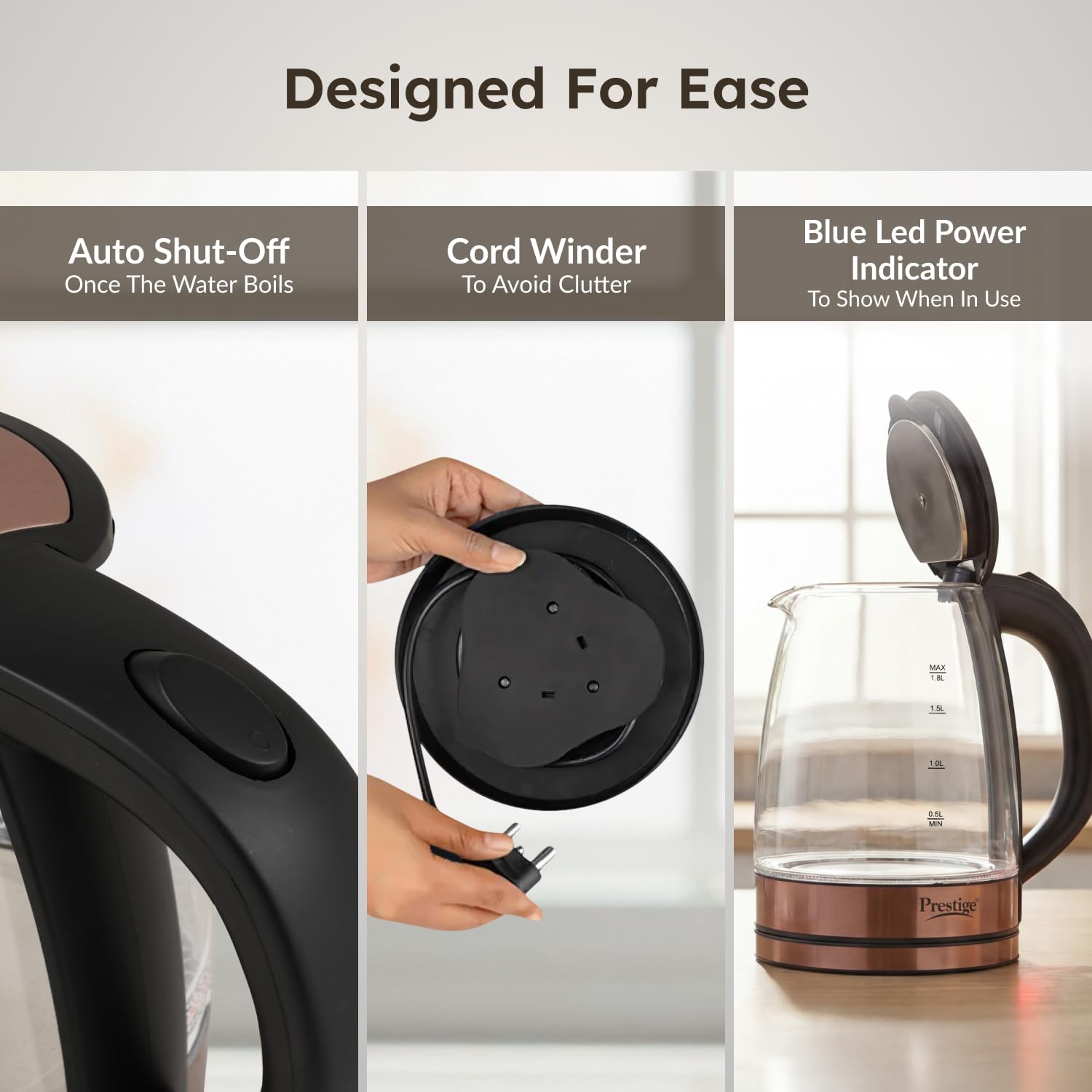 Prestige PKGB 1.8 Litre Electric Glass Kettle| LED Power Indicator| Borosilicate Glass| Automatic Power Cut-Off| Concealed Element| 360 Degree Swivel| Cool Touch Handle, 1350 Watts, Transparent 2