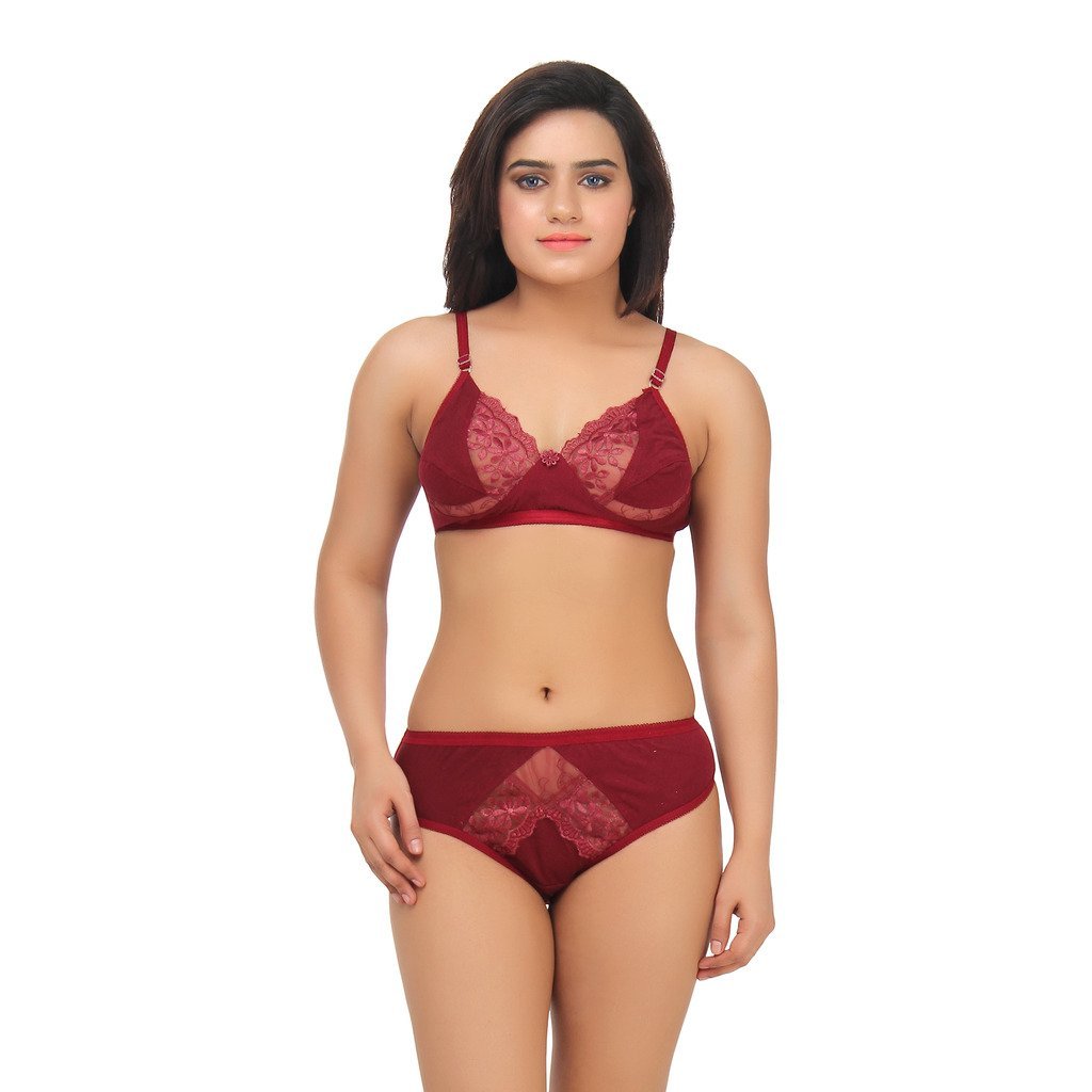 Embibo Women Cotton Bra Panty Set for Women Lingerie Set for Honeymoon in Maroon-image-32