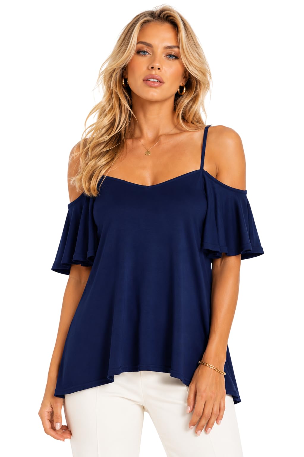 Eyecatch Women's Navy Eye Catch ’S Cold Shoulder Swing Top Uk 8-24 Plus Size | Floaty Frill Sleeve Tunic Blouse | Summer Holiday Evening Top
