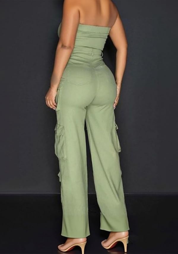 LKOUS Fall Green Off Shoulder Tube Jumpsuits for Women Dressy Cargo Multi Pockets one Piece overalls Plus Size by LKOUS - Image 3