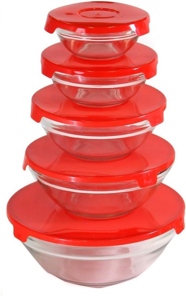 KITCHEN DIVA Premium Glass Bowls Set with Airtight Lids | Microwave & Dishwasher Safe | Elegant & Versatile | 5 Sizes Included For Versatile Storage Purposes