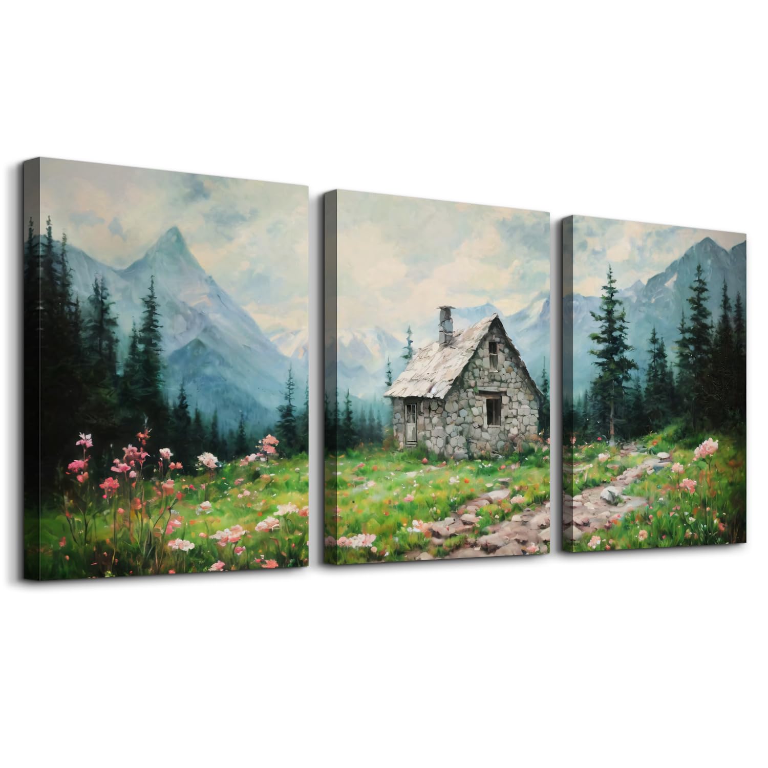 MHARTK66 Cuadros Decoracion Salon Modernos 3 Piezas, Cabaña de Montaña Laminas Decorativas Pared Dormitorios, Lienzos Decorativos Pared Pradera Flores, Bosque Acuarela Wall Art Comedor Pasillo Baño