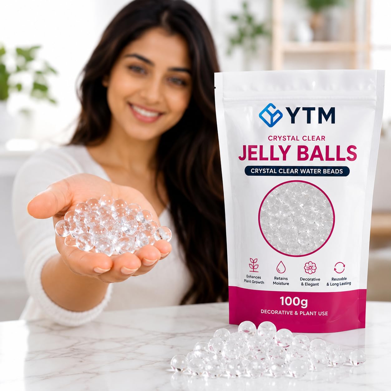 YTM White Round Water Beads Jelly Balls - Crystal Gel Water Beads for Vase Fillers, Flower Pots, Home Decoration, Wedding & Diwali Decor, Plant Water Storing Gel - 100g (White)-image-13