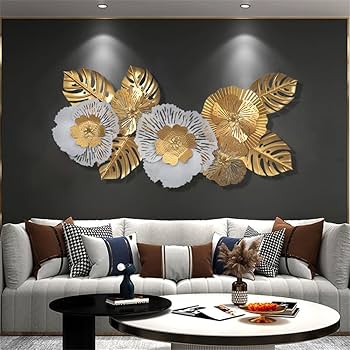 Amazon｜金属壁掛け金灰色花葉彫刻リビングルーム用、3Dゴールド