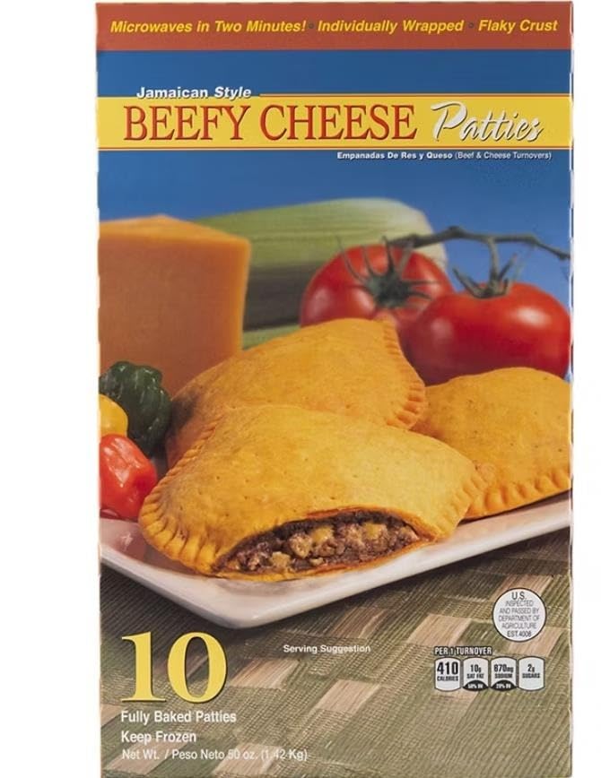 Food Delights Jamaican Style Beefy Cheese Patties are made with ground beef and real cheddar cheese. Each patty is wrapped with a flaky crust for easy hand-held snacking. 10 ct [ 50 oz, 3.12 lb ]