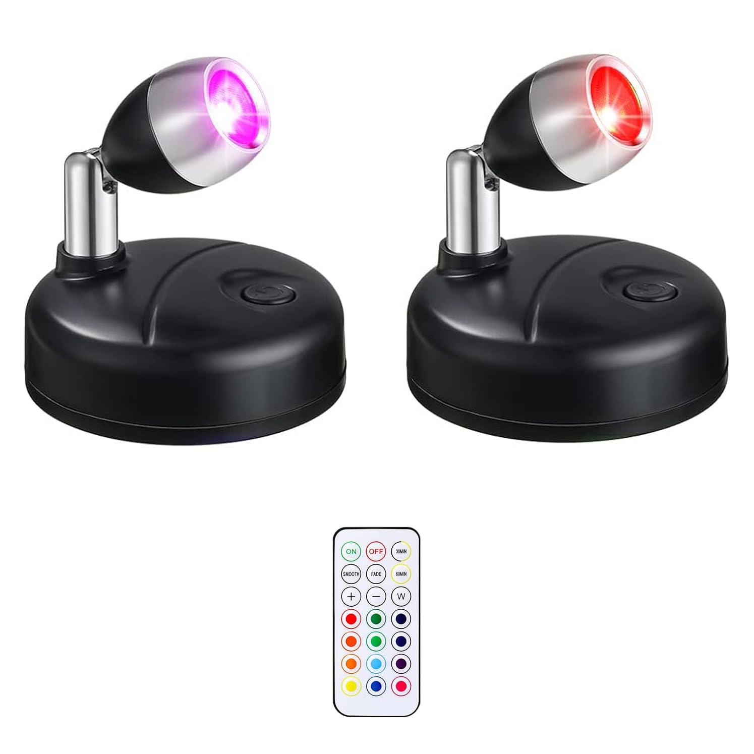 2 Pack Wireless Spotlight, LED Accent Lights RGB Changable, Puck Lights with Remote and AA Battary Powered Closet Light with Rotatable Lights Head Stick on Anywhere