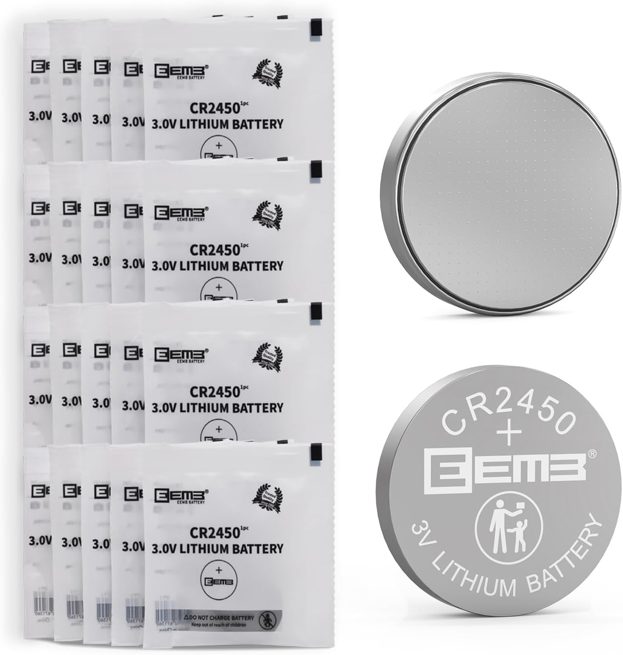 EEMB 20 PACK 2450 CR2450 Coin Button Cell 3V 3 Volt Lithium Batteries Battery Child Resistance Safety Package