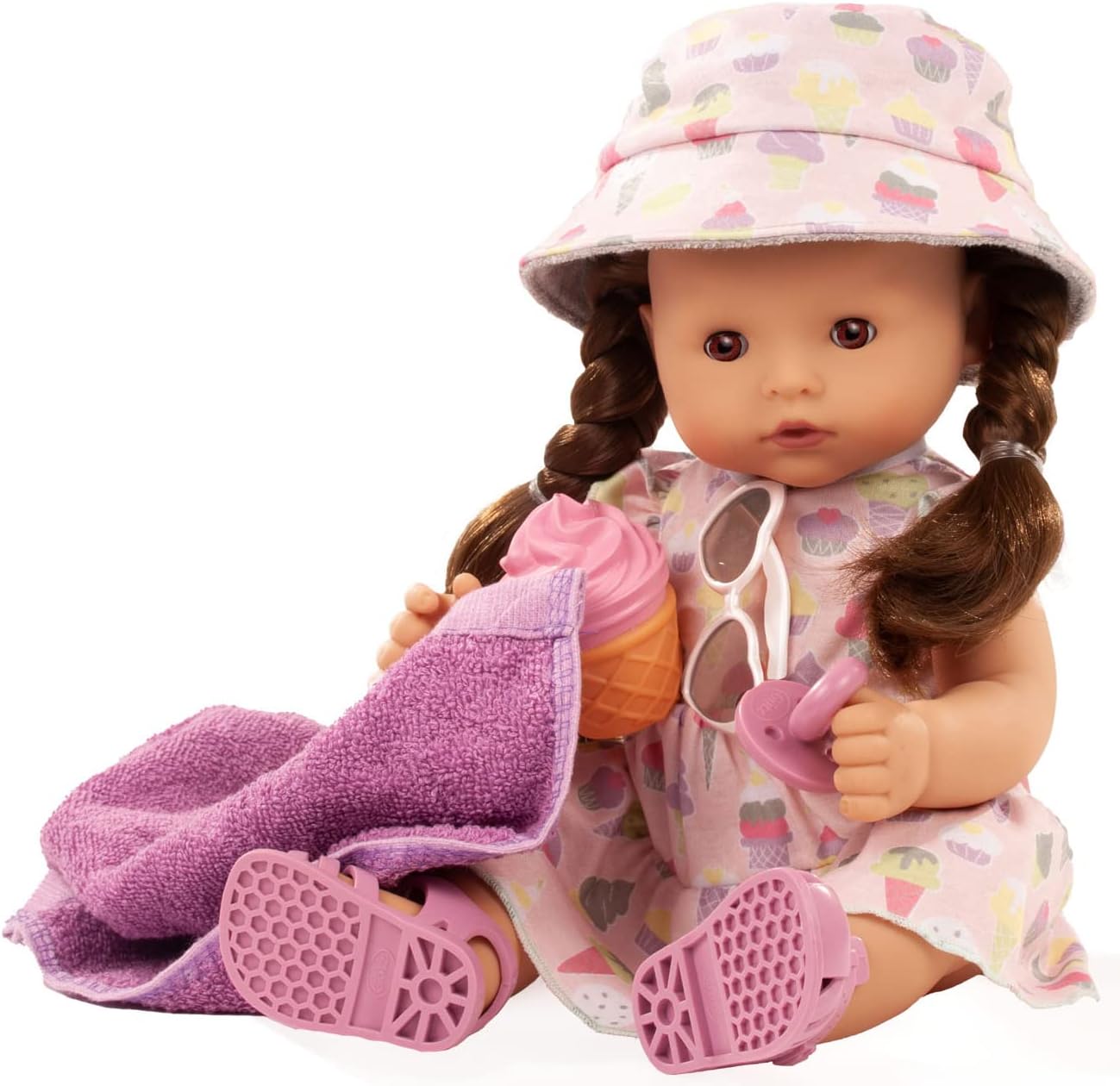 Gotz Maxy Aquini Popsicle - 16.5" All Vinyl Bath Baby Doll with Brown Hair to Wash and Style, Brown Sleeping Eyes, Dress, Hat and Accessories