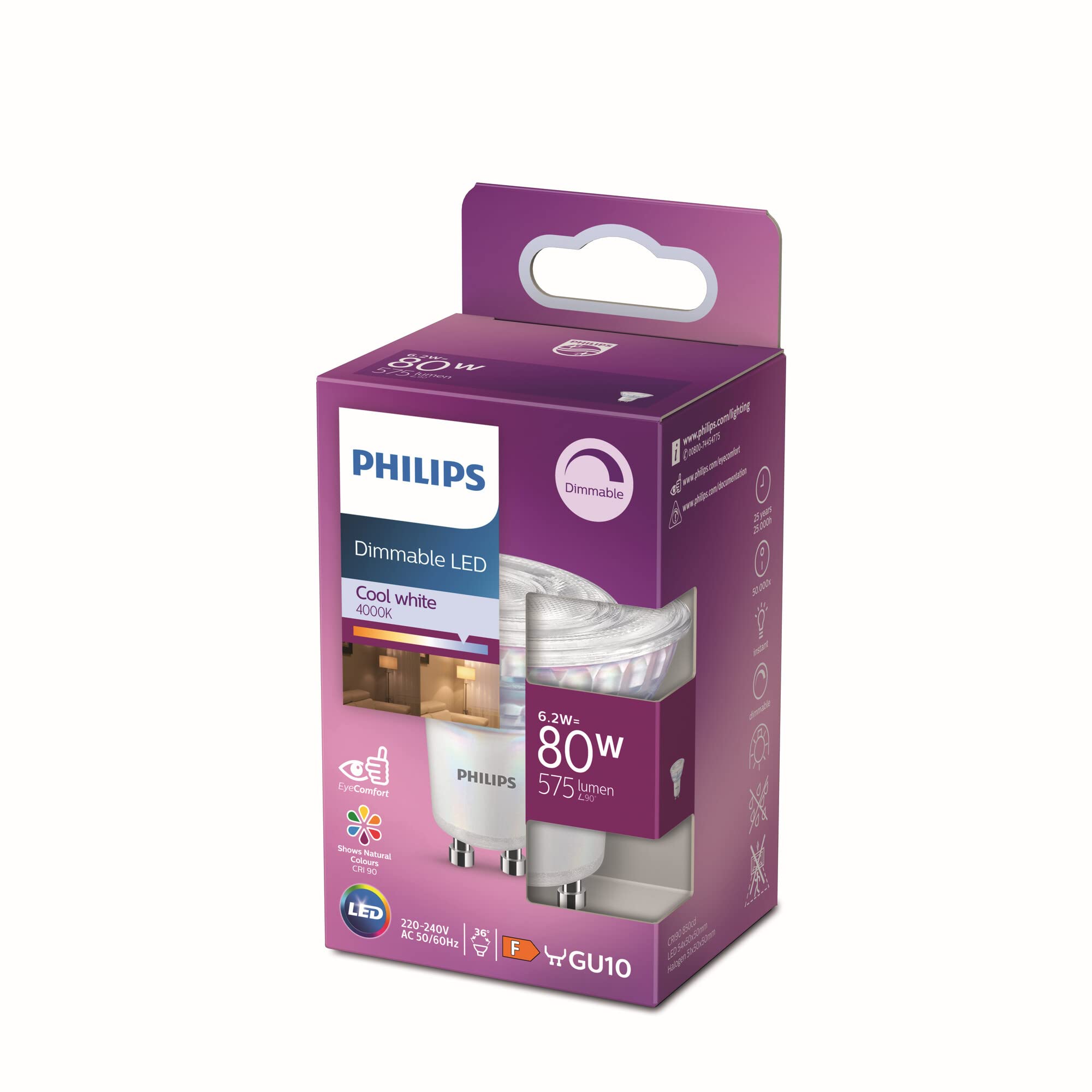 Philips Philips LED Classic Dimmable Reflector Light Bulb [GU10 Spot] 6.2W - 80W Equivalent, Cool White (4000K).