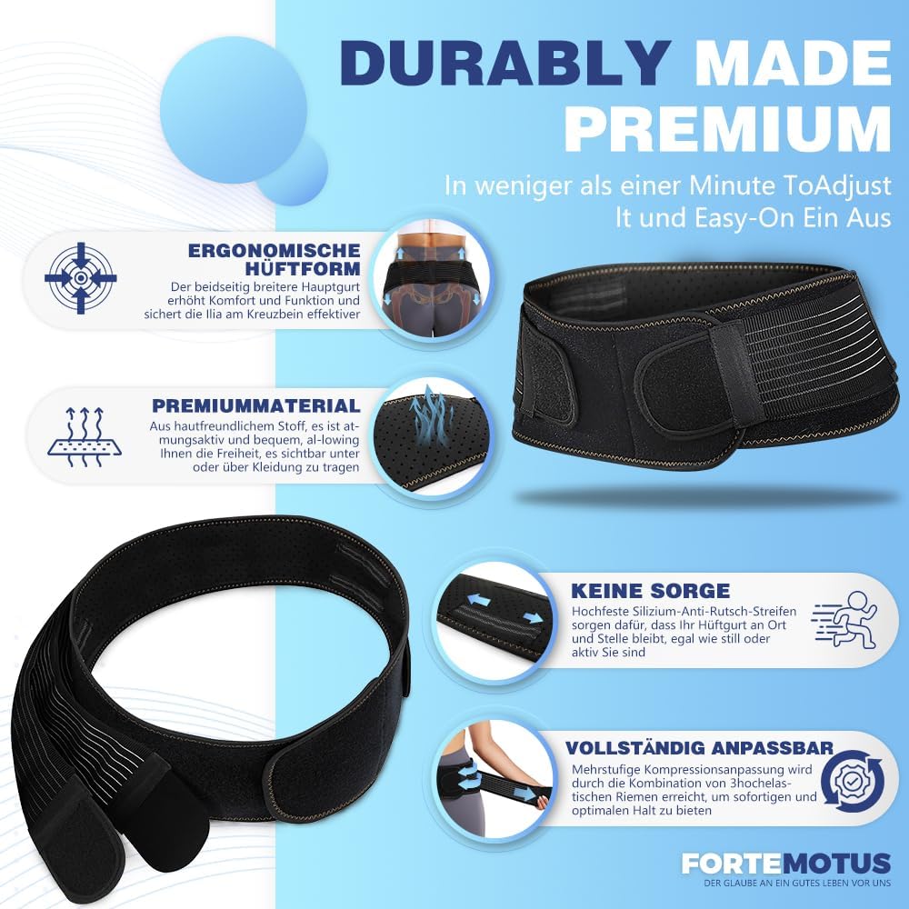 FORTEMOTUS Cinturón Sacroilíaco, Cinturón Ciática para Mujeres y Hombres, Banda de Soporte Cadera Si Cinturón Articulación para Aliviar Ciática, Dolor Pélvico, Artrosis Fémur, Dolor Espalda, M