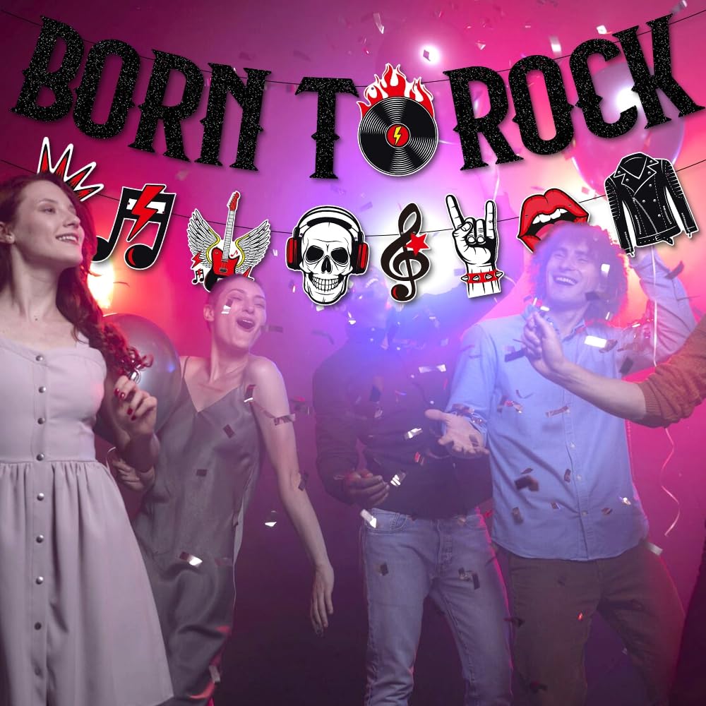 Born to Rock Glitter Banner Garland, Skull Music Note Guitar Ceiling Hanging Swirl Streamers - Image 2