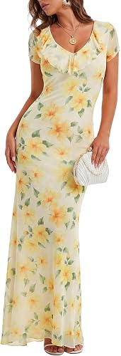 LYANER Women's Floral Mesh Ruffle V Neck Short Sleeve High Low Bodycon Wedding G