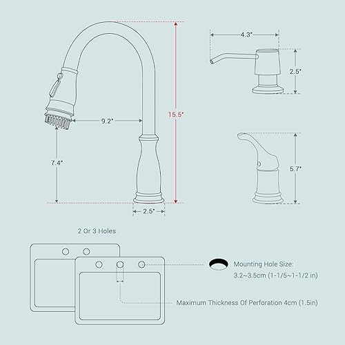 Vista 22 de APPASO Grifo de cocina de 3 agujeros con rociador desplegable de níquel cepillado, grifo de cocina de 3 piezas con dispensador de jabón y mango