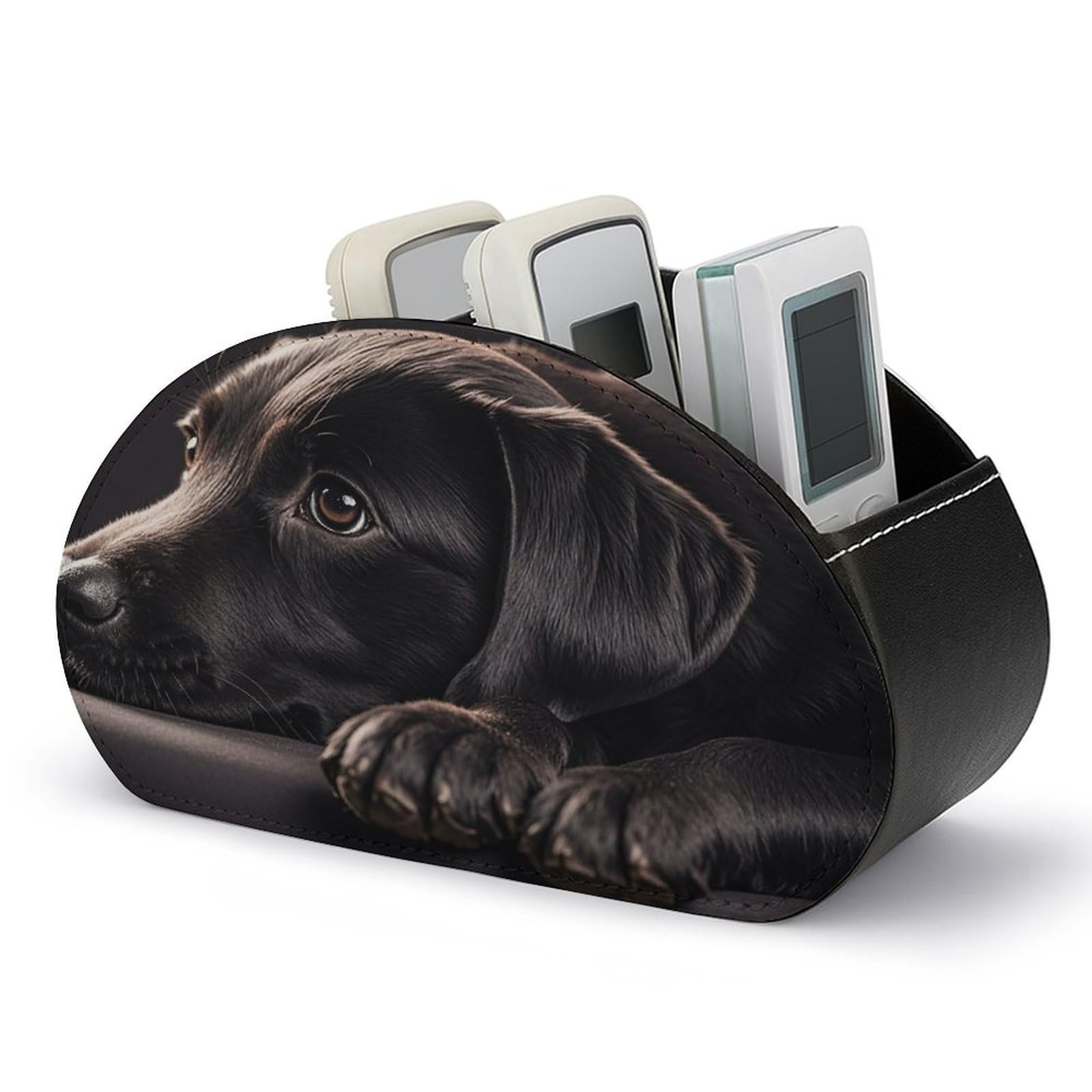 FekiLoot Black Labrador Puppy TV Remote Control Holder with 5 Compartments Multi-functional Leather Bedside Table Remote Caddy Desktop Storage Box for Store Pen Controller Media Player Cosmetic