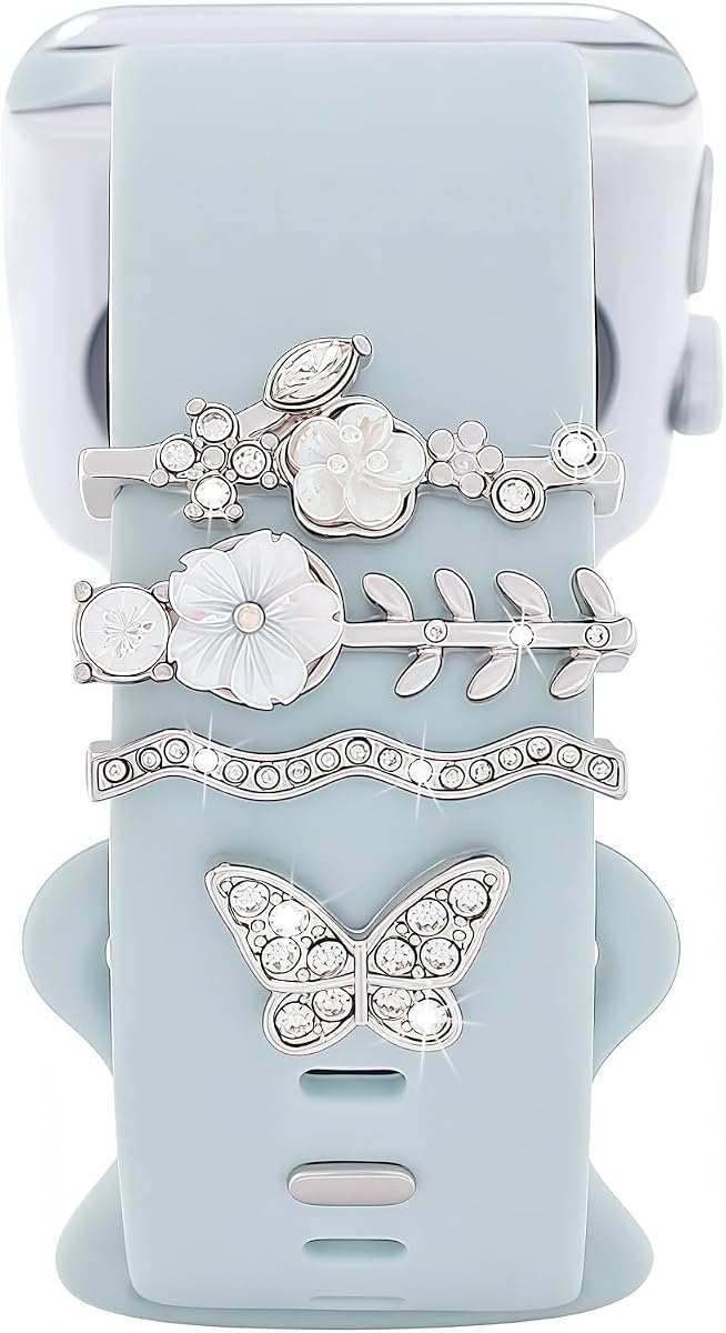 Watch Band Charms Set, Decorative Ring Loops Charms Compatible with Silicone Apple Watch Band 38 40 41 42 44 45 49mm, Chic Elegant Diamond Wristband Accessories for iWatch Series Ultra 11 10 9 8 7 6 5 4 3 2 1(No Band)