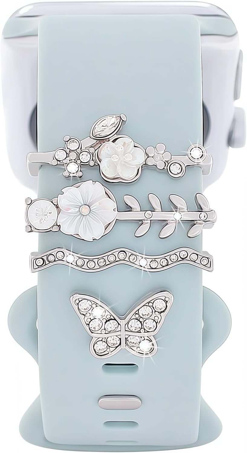 Watch Band Charms Set, Decorative Ring Loops Charms Compatible with Silicone Apple Watch Band 38 40 41 42 44 45 49mm, Chic Elegant Diamond Wristband Accessories for iWatch Series Ultra 11 10 9 8 7 6 5 4 3 2 1(No Band)