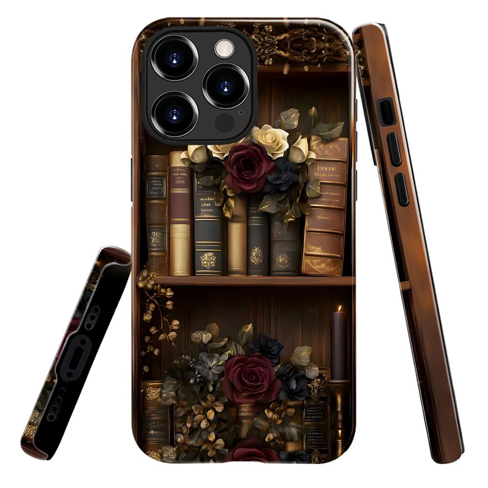 Generic Case Compatible with iPhone 16 Pro Max,Scratch Resistant Hybrid 2-Layer Hard Shell Bright Phone Case,Books Flower Vintage Dark