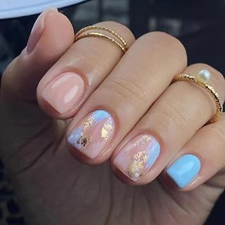 24Pcs Nude Blue Press on Nails Short Square Fake Nails with Glitter Gold Foil False Nails Glossy Acrylic Nails Artificial Short Glue on Nails Women Girls DIY French Stick on Nails Decorations