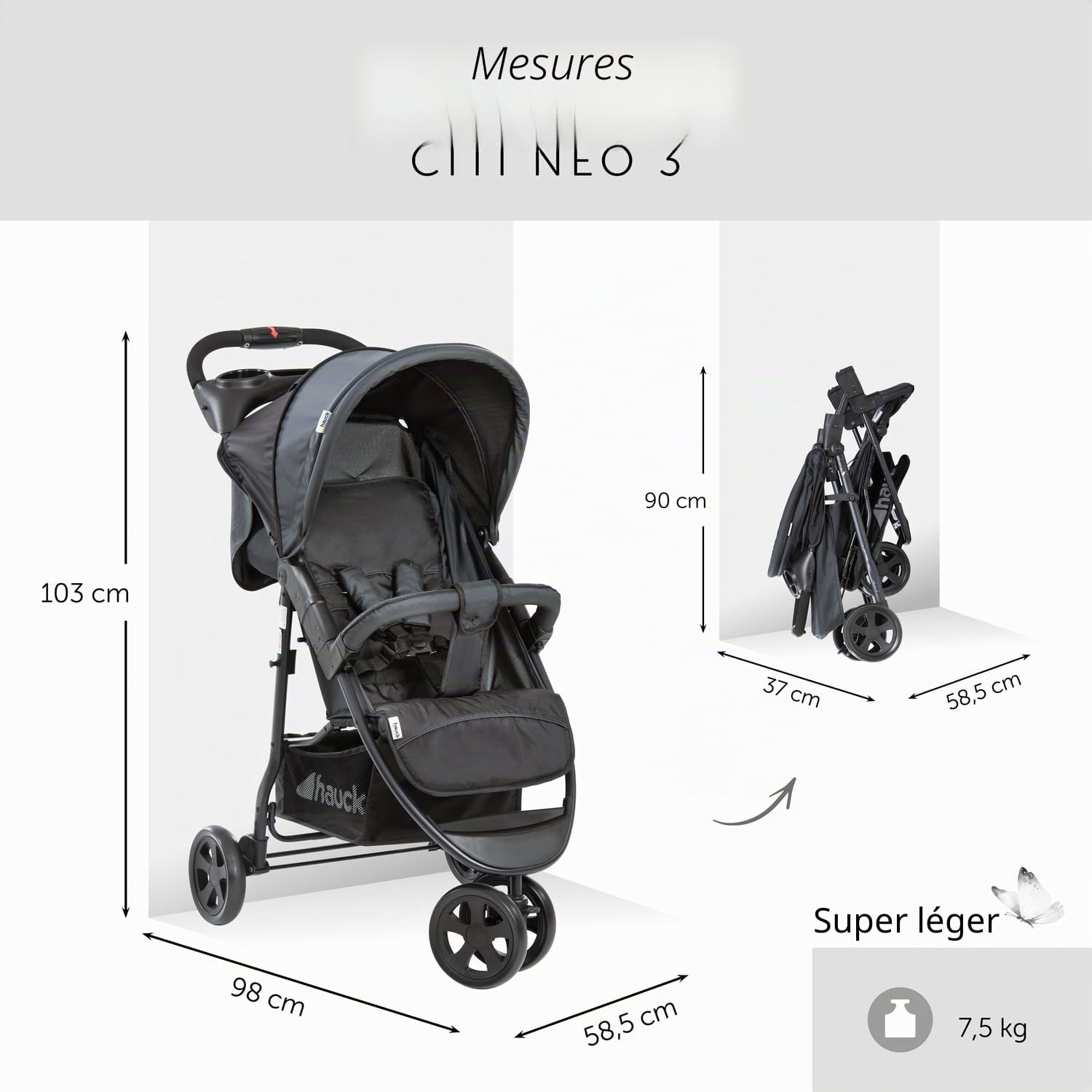 hauck Poussette Compacte 3 Roues Citi Neo II, dès Naissance jusqu'à 22 kg, Pliable à 1 Main, Inclinable, Légère 7,3 kg, Porte-Gobelet, Grand Panier 3 kg, Noir