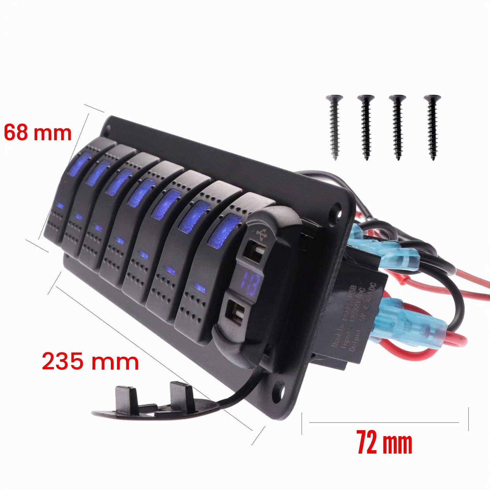 KAOLALI Panel de Interruptor de 7 Entradas con 2 Cargador USB Súper Rápido 4.8A, Interruptor Basculante Marino para Barco y Coche 12V-24V