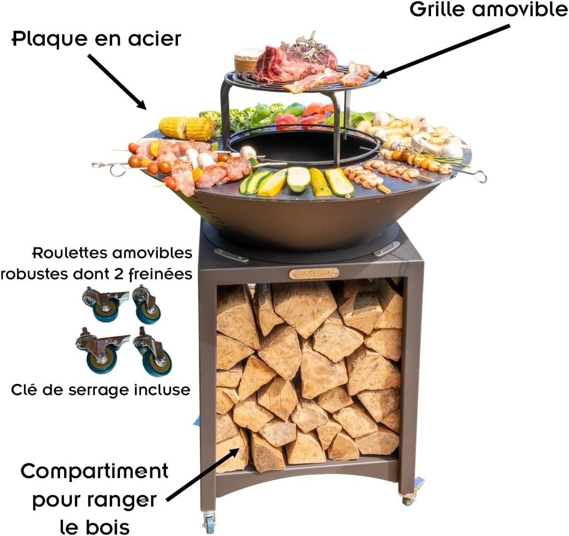 Brasero Haut avec Plaque et Grille Amovible en Acier Barbecue plancha extérieur Ø 75 cm