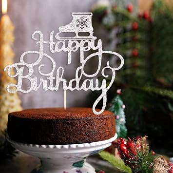 Silver Ice Skating Cake Topper,Happy Birthday Sign,Ice Skating Lover