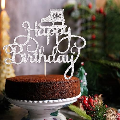 Silver Ice Skating Cake Topper,Happy Birthday Sign ，Ice Skating Lover