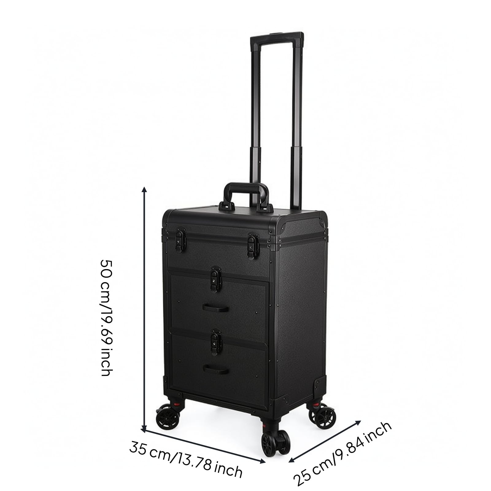 MERIGLARE Maquilleur Étui Valise Trolley Coffret Mallette Rigide Alliage d'Aluminium et MDF Poignée Télescopique Quatre Rouettes à Roulement Fluide, Noir, Noir