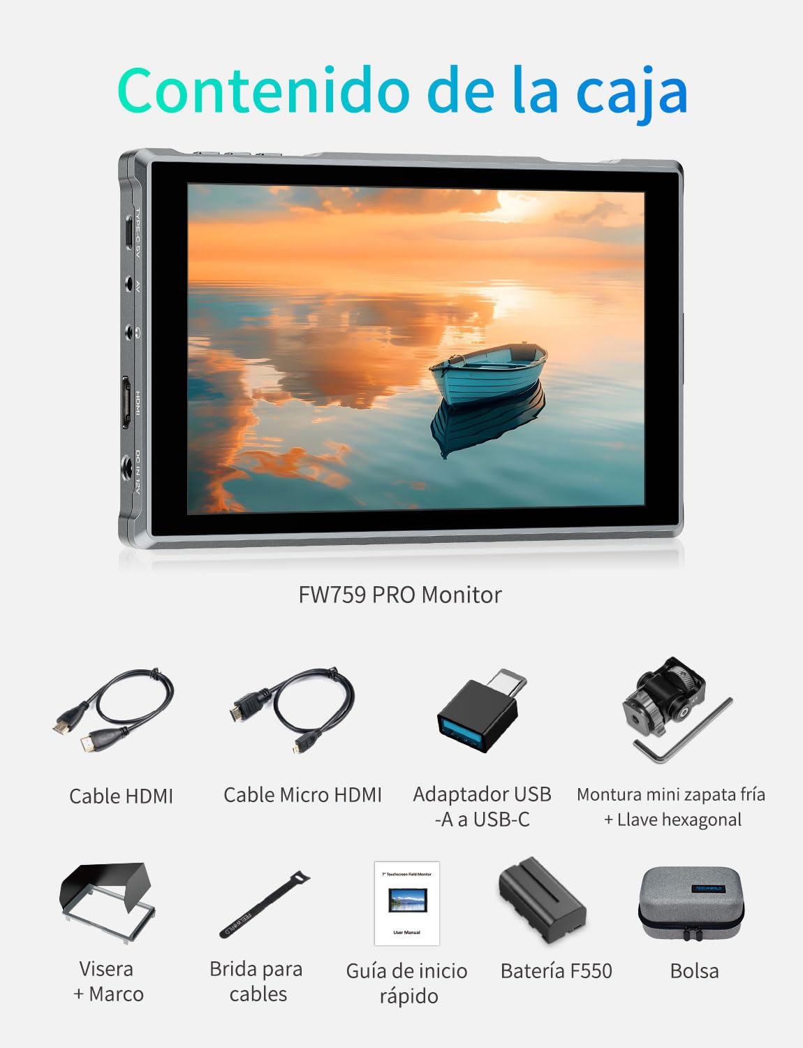 FEELWORLD FW759 Pro Monitor de Campo para cámara DSLR con Pantalla táctil HD de 7 Pulgadas y 400 nits, resolución 1280x800, batería F550, Entrada AV HDMI 4K y monitorización de Forma de Onda