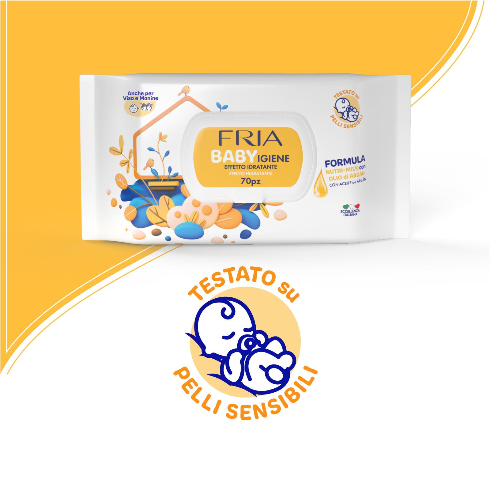 Fria Baby Salviette per Cambio Pannolino con Olio di Argan e Nutrimilk, Idratanti, 70 Pezzi