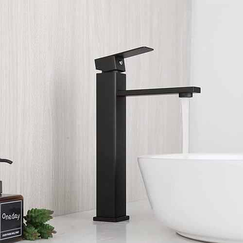 Grifo de lavabo de baño negro con ángulo recto de ducha alta de una sola manija lavabo mezclador de acero inoxidable para fregadero de recipiente
