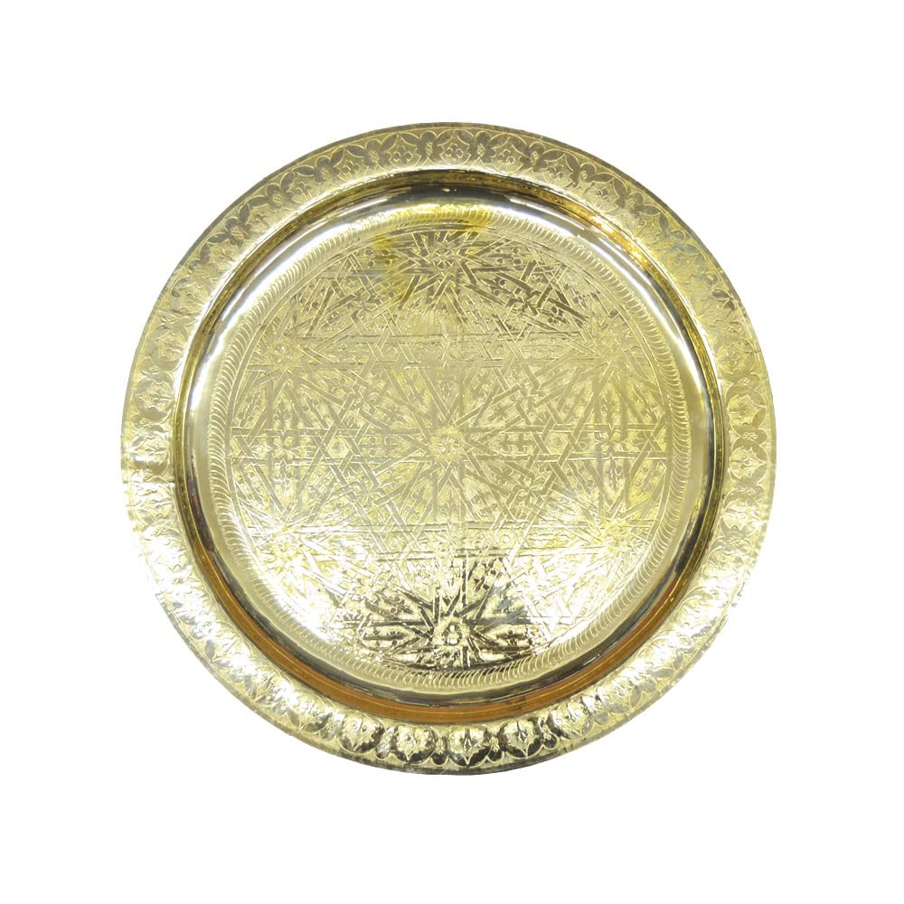 Bandeja Redonda marroquí martillada Totalmente a Mano de latón Dorado o Plateado según Modelo y Medida (60_cm, Dorado)