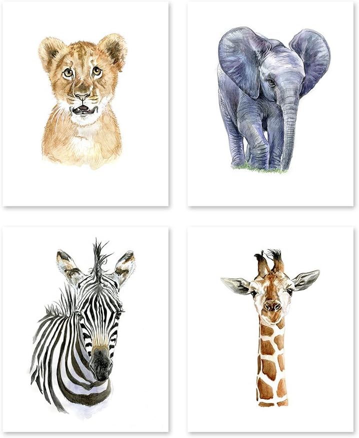A2 Safari Theme Nursery Wall Art - Set of 4 - Watercolor African Baby Animals Paintings - Wildlife Zoo Jungle Posters Prints - Zebra Lion Giraffe Elephant - Kids Children Pictures Portrait (8x10)