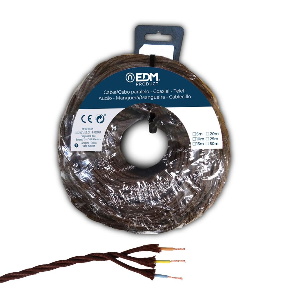 Carrete de cable textil trenzado H07V-K 3G 2,50 mm² marrón, 25 m, ideal para instalaciones eléctricas y prolongaciones de energía.