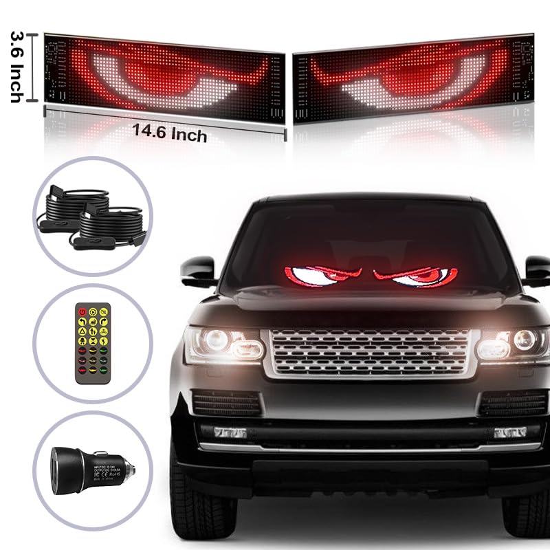 Devil's Eye 2-Pack:14"x4.3" Programmable Ojos Led Para Carro Windshield Display For Sedans, SUVs & Medium Trucks - USB-Powered LED Matrix Panel, Remote/App Control, Custom Car Sign