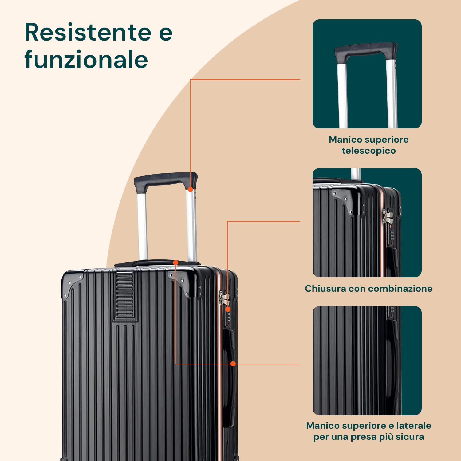 Avilia Set 3 Valigie in ABS e 4 Ruote Piroettanti - i Trolley Includono Sacca a Rete, Elastico Ferma Indumenti e Cerniera Singola - Valigie con 3 Diverse Altezze 55/66/76cm, Nero