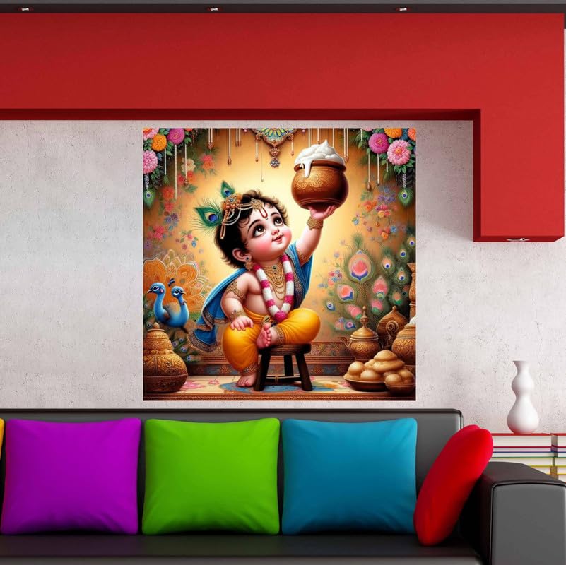 Image of British Terminal Cute little Bal Gopal Baby God Krishna| Kanha Ji | Laddu Lord Makhan Chor Painting Religious Poster for Pregnant Women for wall (matt thin vinyl,sticker,multicolor,unframed)| bj262