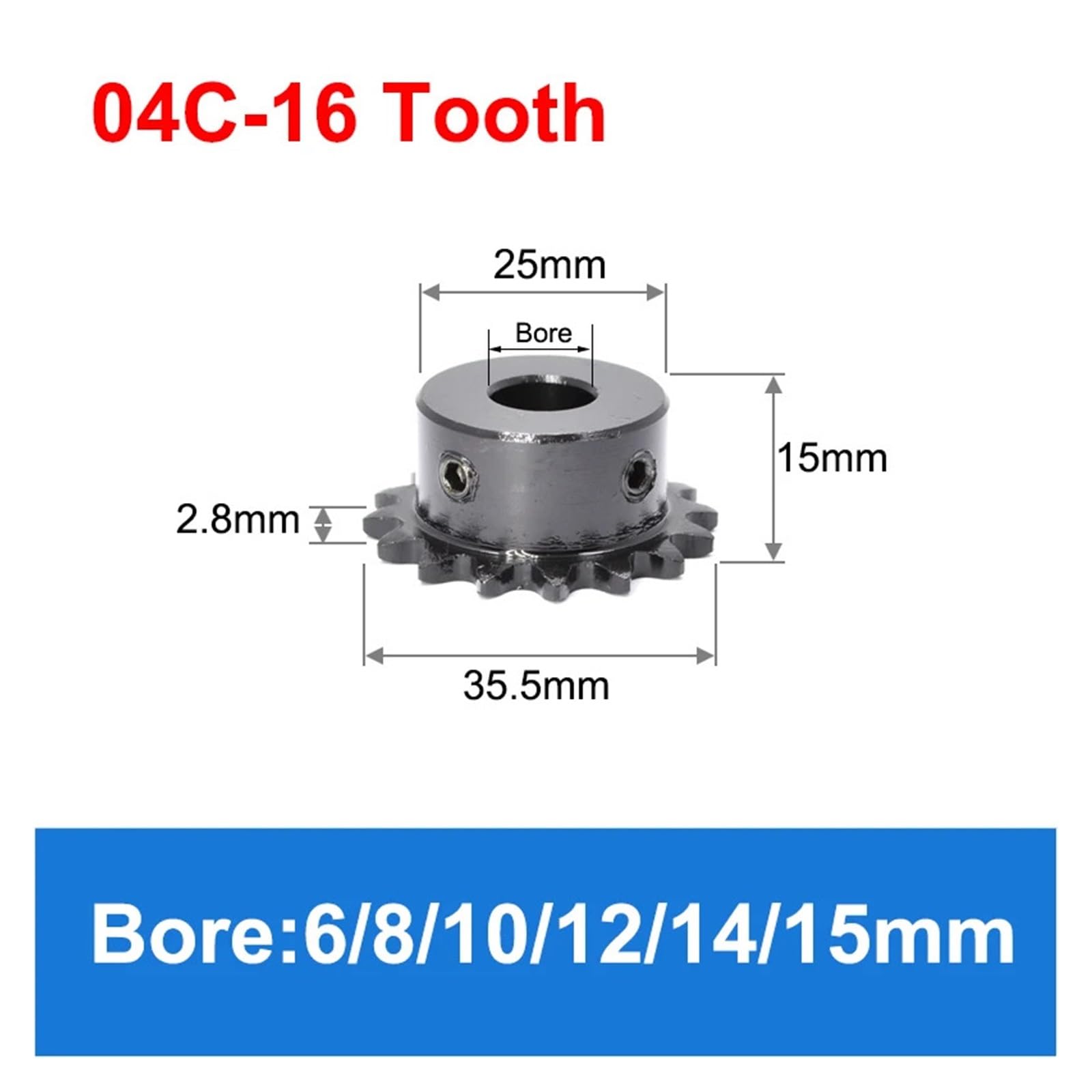 Bevel Gear Pinion Hardware Mechanical 04C 15Teeth - 30 Teeth Sprocket Wheel Bore 12mm 45# Steel Industrial Chain Gear with Top Wire Motor Chain Drive(04C-16 Teeth)