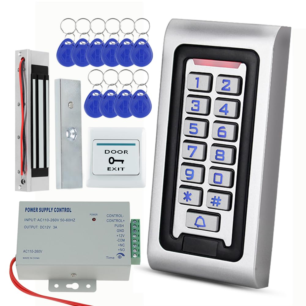 Unabhängiges Zutrittskontrollsystem Kit mit IP68 wasserdichter Metalltastatur, NC-Modus-Magnetsperre (180 kg/350 lbs), zehn 125 kHz RFID-Schlüsselanhänger, Quelle